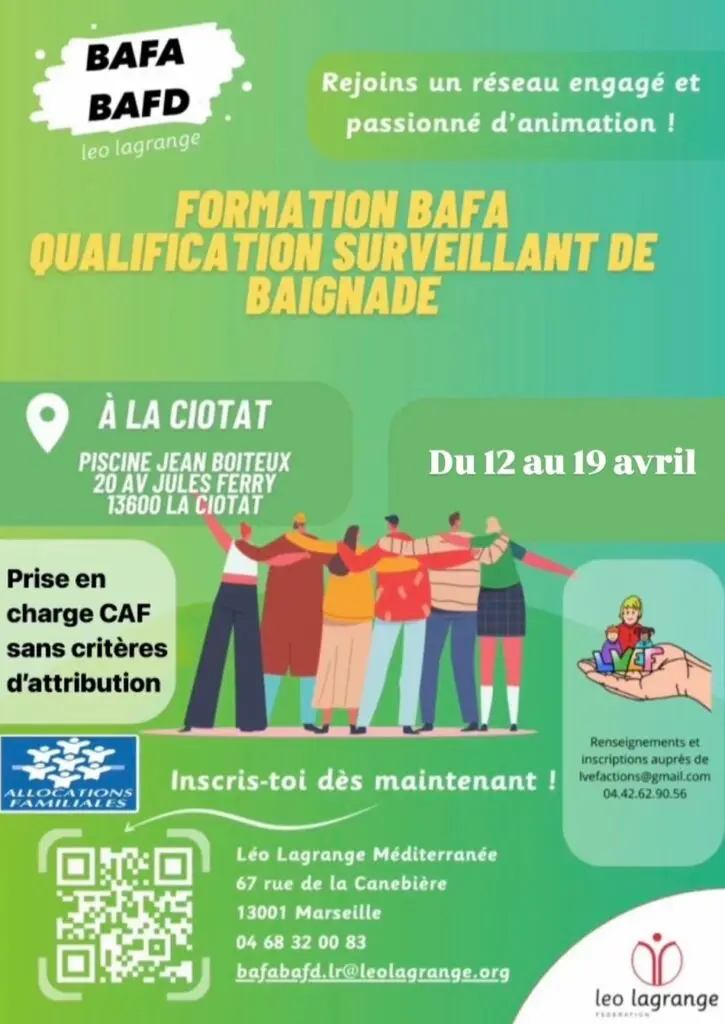 Formation BAFA – Qualification Surveillant de Baignade par l'association LVEF de La Ciotat Piscine Jean Boiteux, 20 Avenue Jules Ferry, 13600 La Ciotat