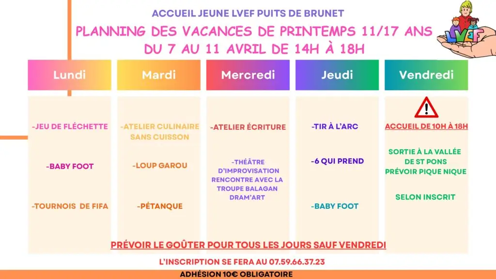 Vacances de Printemps 2025 – Secteur Jeune LVEF (11-17 ans) Planning secteur jeune AVRIL25